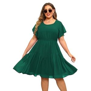 Boho Green Chiffon Midi Skater Dress with Ruffle Sleeve